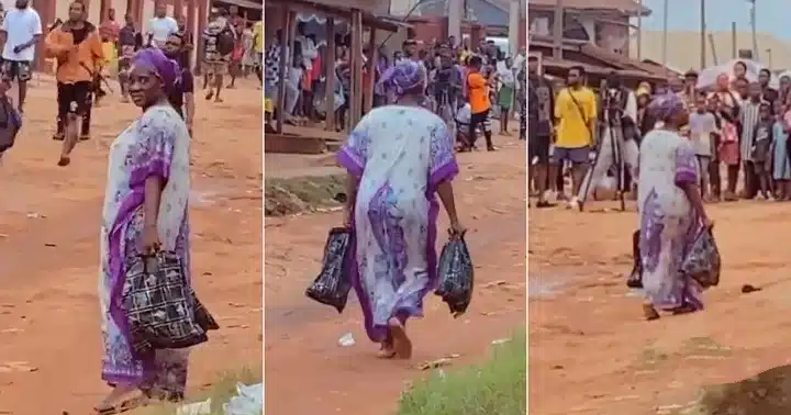 Massive crowd gather as they spot Mercy Johnson with two polythene bags during movie set (Video)